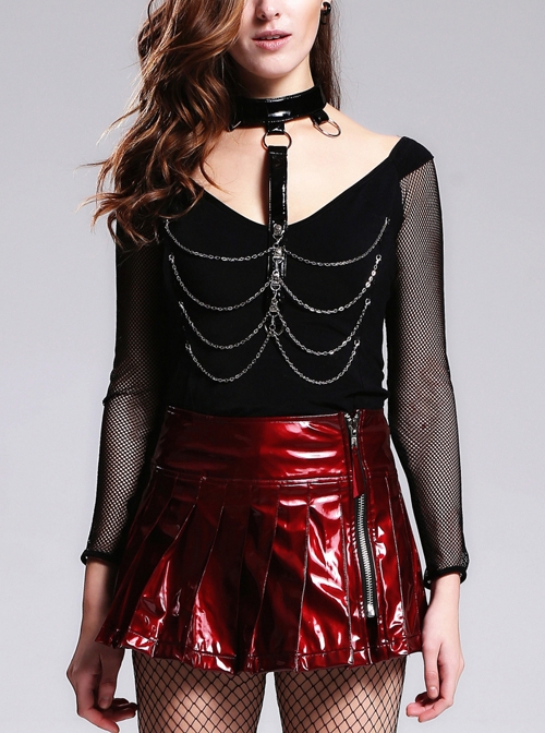 Big Collar Bright Leather Choker Chest Chain Mesh Long Sleeve Black Punk T-Shirt