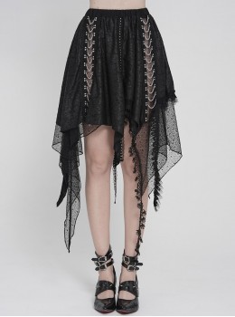 Black Ripped Knit Patchwork Mesh Metal Chains Decoration Asymmetrical Hem Punk Style Short Skirt