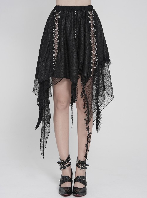 Black Ripped Knit Patchwork Mesh Metal Chains Decoration Asymmetrical Hem Punk Style Short Skirt