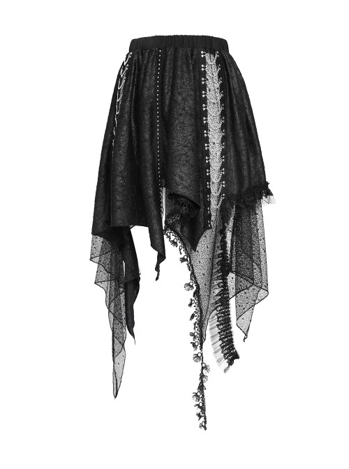 Black Ripped Knit Patchwork Mesh Metal Chains Decoration Asymmetrical Hem Punk Style Short Skirt