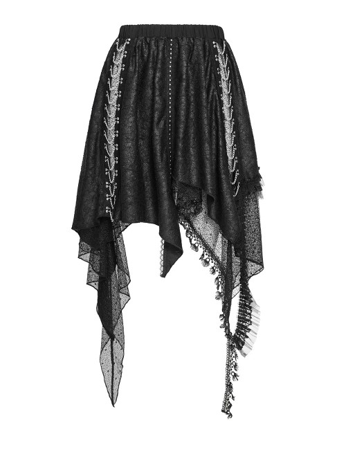 Black Ripped Knit Patchwork Mesh Metal Chains Decoration Asymmetrical Hem Punk Style Short Skirt
