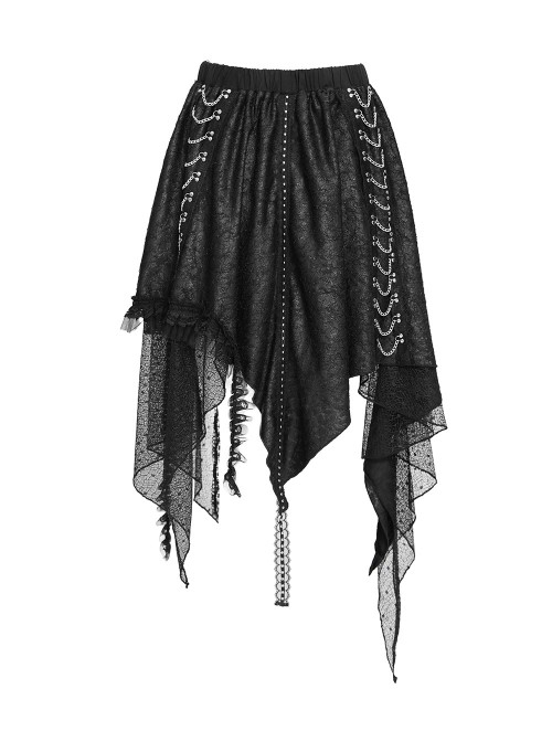 Black Ripped Knit Patchwork Mesh Metal Chains Decoration Asymmetrical Hem Punk Style Short Skirt