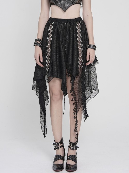 Black Ripped Knit Patchwork Mesh Metal Chains Decoration Asymmetrical Hem Punk Style Short Skirt
