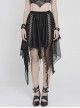 Black Ripped Knit Patchwork Mesh Metal Chains Decoration Asymmetrical Hem Punk Style Short Skirt