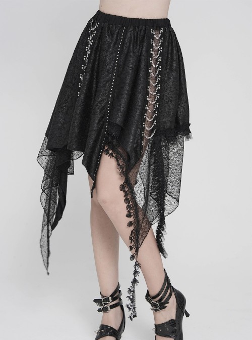 Black Ripped Knit Patchwork Mesh Metal Chains Decoration Asymmetrical Hem Punk Style Short Skirt