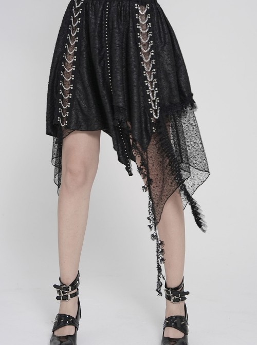 Black Ripped Knit Patchwork Mesh Metal Chains Decoration Asymmetrical Hem Punk Style Short Skirt