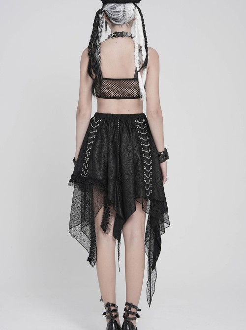 Black Ripped Knit Patchwork Mesh Metal Chains Decoration Asymmetrical Hem Punk Style Short Skirt