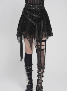 Black Skull Mesh Splicing Snakeskin Leather Irregular Pointed Hem Multi-Loop Webbing Decoration Punk Style Mid-Waisted Mini Skirt