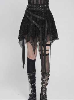 Black Skull Mesh Splicing Snakeskin Leather Irregular Pointed Hem Multi-Loop Webbing Decoration Punk Style Mid-Waisted Mini Skirt