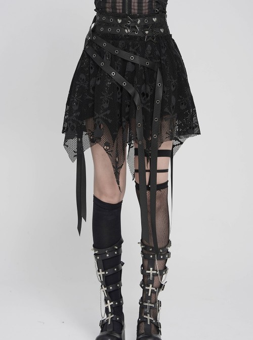 Black Skull Mesh Splicing Snakeskin Leather Irregular Pointed Hem Multi-Loop Webbing Decoration Punk Style Mid-Waisted Mini Skirt