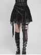 Black Skull Mesh Splicing Snakeskin Leather Irregular Pointed Hem Multi-Loop Webbing Decoration Punk Style Mid-Waisted Mini Skirt