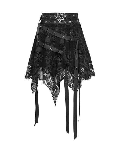 Black Skull Mesh Splicing Snakeskin Leather Irregular Pointed Hem Multi-Loop Webbing Decoration Punk Style Mid-Waisted Mini Skirt