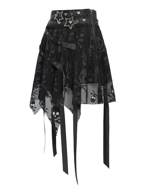 Black Skull Mesh Splicing Snakeskin Leather Irregular Pointed Hem Multi-Loop Webbing Decoration Punk Style Mid-Waisted Mini Skirt
