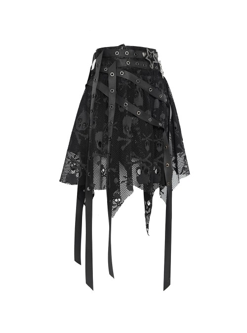 Black Skull Mesh Splicing Snakeskin Leather Irregular Pointed Hem Multi-Loop Webbing Decoration Punk Style Mid-Waisted Mini Skirt