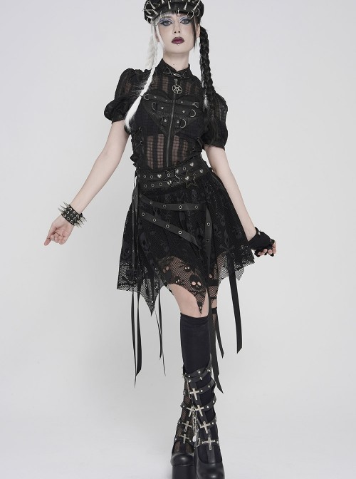 Black Skull Mesh Splicing Snakeskin Leather Irregular Pointed Hem Multi-Loop Webbing Decoration Punk Style Mid-Waisted Mini Skirt