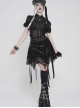 Black Skull Mesh Splicing Snakeskin Leather Irregular Pointed Hem Multi-Loop Webbing Decoration Punk Style Mid-Waisted Mini Skirt