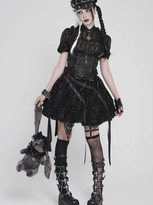 Black Skull Mesh Splicing Snakeskin Leather Irregular Pointed Hem Multi-Loop Webbing Decoration Punk Style Mid-Waisted Mini Skirt