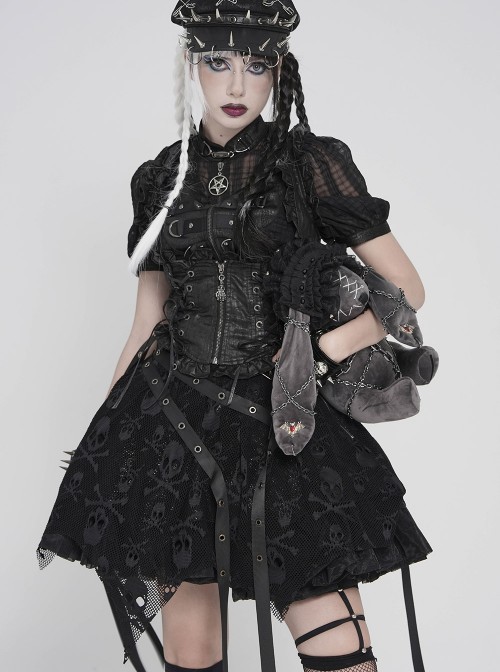 Black Skull Mesh Splicing Snakeskin Leather Irregular Pointed Hem Multi-Loop Webbing Decoration Punk Style Mid-Waisted Mini Skirt