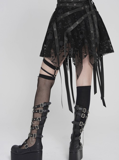 Black Skull Mesh Splicing Snakeskin Leather Irregular Pointed Hem Multi-Loop Webbing Decoration Punk Style Mid-Waisted Mini Skirt