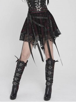Black Skull Mesh Splicing Red Snakeskin Leather Irregular Pointed Hem Multi-Loop Webbing Decoration Punk Style Mid-Waisted Mini Skirt