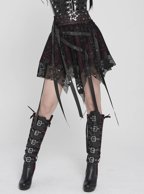 Black Skull Mesh Splicing Red Snakeskin Leather Irregular Pointed Hem Multi-Loop Webbing Decoration Punk Style Mid-Waisted Mini Skirt