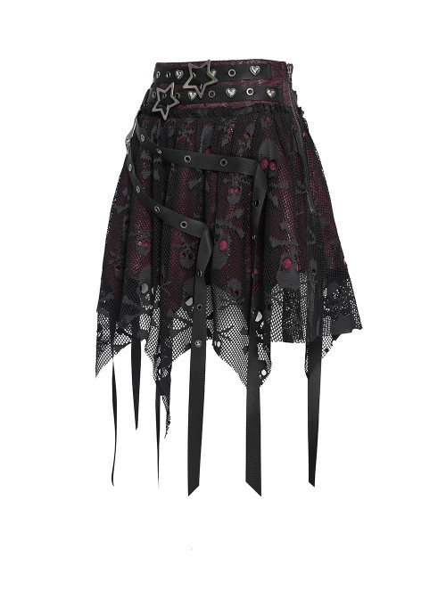 Black Skull Mesh Splicing Red Snakeskin Leather Irregular Pointed Hem Multi-Loop Webbing Decoration Punk Style Mid-Waisted Mini Skirt