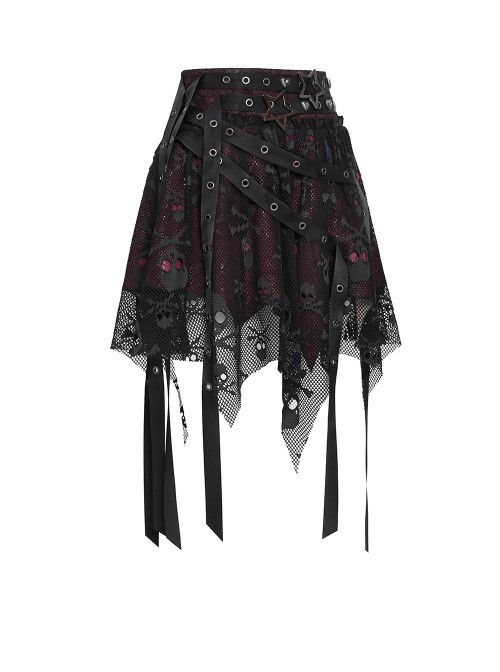 Black Skull Mesh Splicing Red Snakeskin Leather Irregular Pointed Hem Multi-Loop Webbing Decoration Punk Style Mid-Waisted Mini Skirt