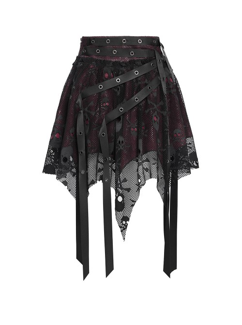 Black Skull Mesh Splicing Red Snakeskin Leather Irregular Pointed Hem Multi-Loop Webbing Decoration Punk Style Mid-Waisted Mini Skirt