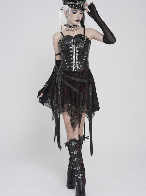 Black Skull Mesh Splicing Red Snakeskin Leather Irregular Pointed Hem Multi-Loop Webbing Decoration Punk Style Mid-Waisted Mini Skirt