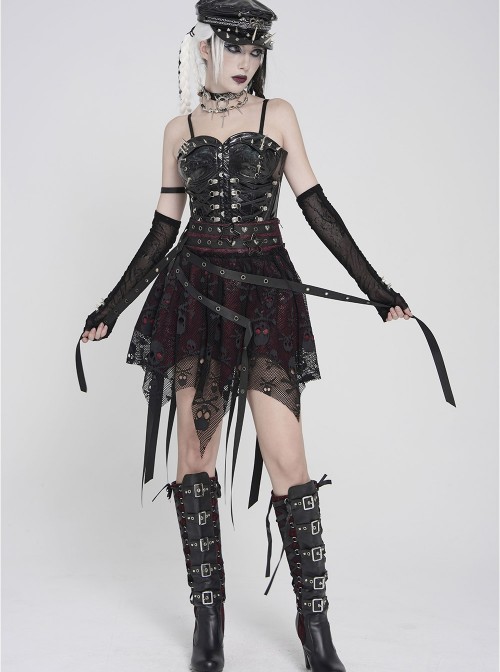 Black Skull Mesh Splicing Red Snakeskin Leather Irregular Pointed Hem Multi-Loop Webbing Decoration Punk Style Mid-Waisted Mini Skirt