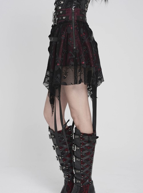 Black Skull Mesh Splicing Red Snakeskin Leather Irregular Pointed Hem Multi-Loop Webbing Decoration Punk Style Mid-Waisted Mini Skirt