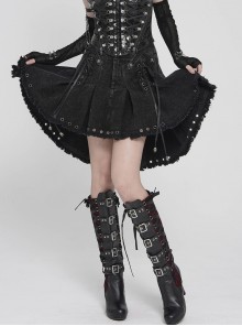 Black Twill Woven Distressed Mid-Waisted Front Short Back Long Metal Loops Decoration Pleated Hem Punk Style Skirt