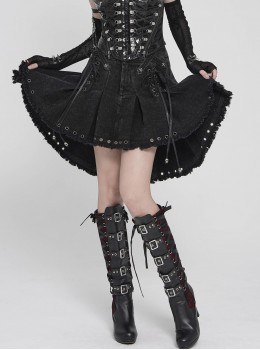 Black Twill Woven Distressed Mid-Waisted Front Short Back Long Metal Loops Decoration Pleated Hem Punk Style Skirt