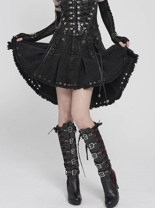 Black Twill Woven Distressed Mid-Waisted Front Short Back Long Metal Loops Decoration Pleated Hem Punk Style Skirt