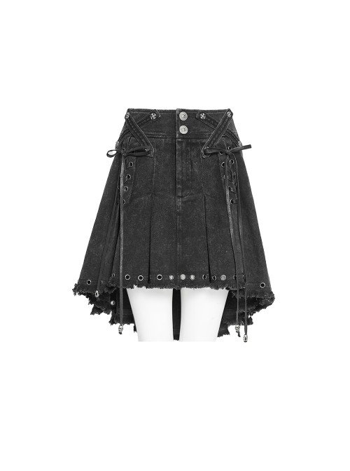 Black Twill Woven Distressed Mid-Waisted Front Short Back Long Metal Loops Decoration Pleated Hem Punk Style Skirt
