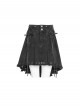 Black Twill Woven Distressed Mid-Waisted Front Short Back Long Metal Loops Decoration Pleated Hem Punk Style Skirt