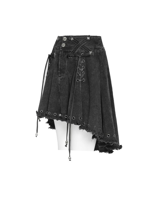 Black Twill Woven Distressed Mid-Waisted Front Short Back Long Metal Loops Decoration Pleated Hem Punk Style Skirt