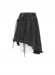 Black Twill Woven Distressed Mid-Waisted Front Short Back Long Metal Loops Decoration Pleated Hem Punk Style Skirt