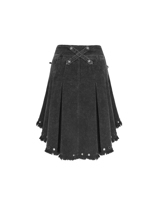 Black Twill Woven Distressed Mid-Waisted Front Short Back Long Metal Loops Decoration Pleated Hem Punk Style Skirt
