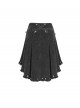 Black Twill Woven Distressed Mid-Waisted Front Short Back Long Metal Loops Decoration Pleated Hem Punk Style Skirt