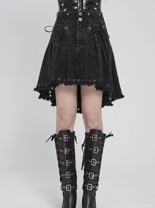Black Twill Woven Distressed Mid-Waisted Front Short Back Long Metal Loops Decoration Pleated Hem Punk Style Skirt