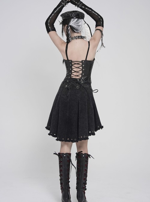 Black Twill Woven Distressed Mid-Waisted Front Short Back Long Metal Loops Decoration Pleated Hem Punk Style Skirt