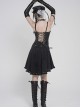 Black Twill Woven Distressed Mid-Waisted Front Short Back Long Metal Loops Decoration Pleated Hem Punk Style Skirt