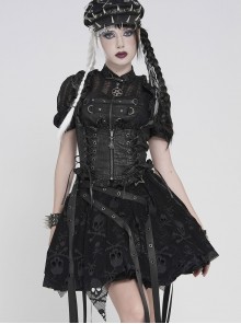 Black Distressed Two-Tone Woven Low-Cut Ruffled Design Back Pointed Hem Punk Style Short Vest