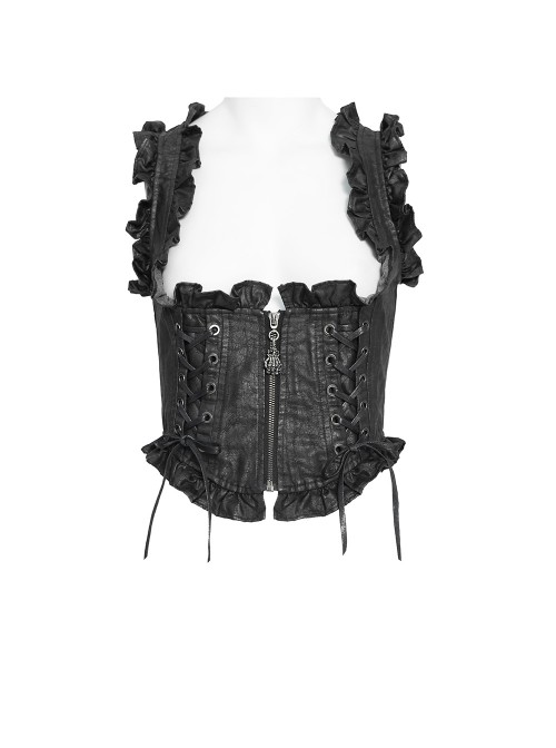 Black Distressed Two-Tone Woven Low-Cut Ruffled Design Back Pointed Hem Punk Style Short Vest