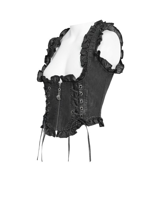 Black Distressed Two-Tone Woven Low-Cut Ruffled Design Back Pointed Hem Punk Style Short Vest