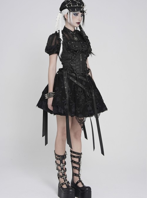 Black Distressed Two-Tone Woven Low-Cut Ruffled Design Back Pointed Hem Punk Style Short Vest