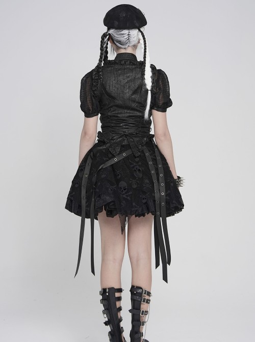 Black Distressed Two-Tone Woven Low-Cut Ruffled Design Back Pointed Hem Punk Style Short Vest