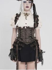 Brown Distressed Two-Tone Woven Low-Cut Ruffled Design Back Pointed Hem Punk Style Short Vest