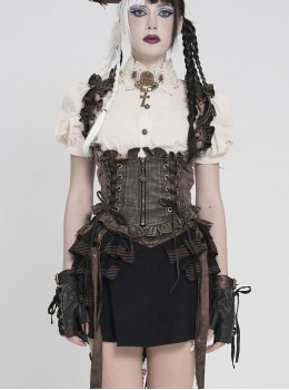 Brown Distressed Two-Tone Woven Low-Cut Ruffled Design Back Pointed Hem Punk Style Short Vest
